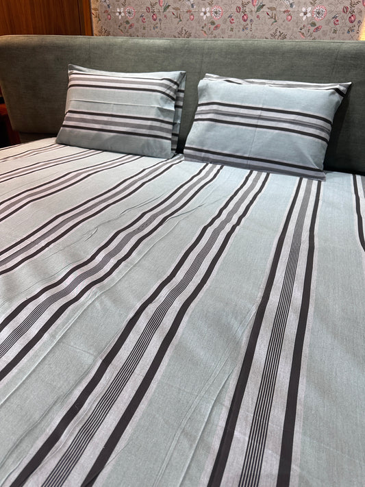 Light Green and Brown Striped Bed Sheet with 2 Pillow Cover