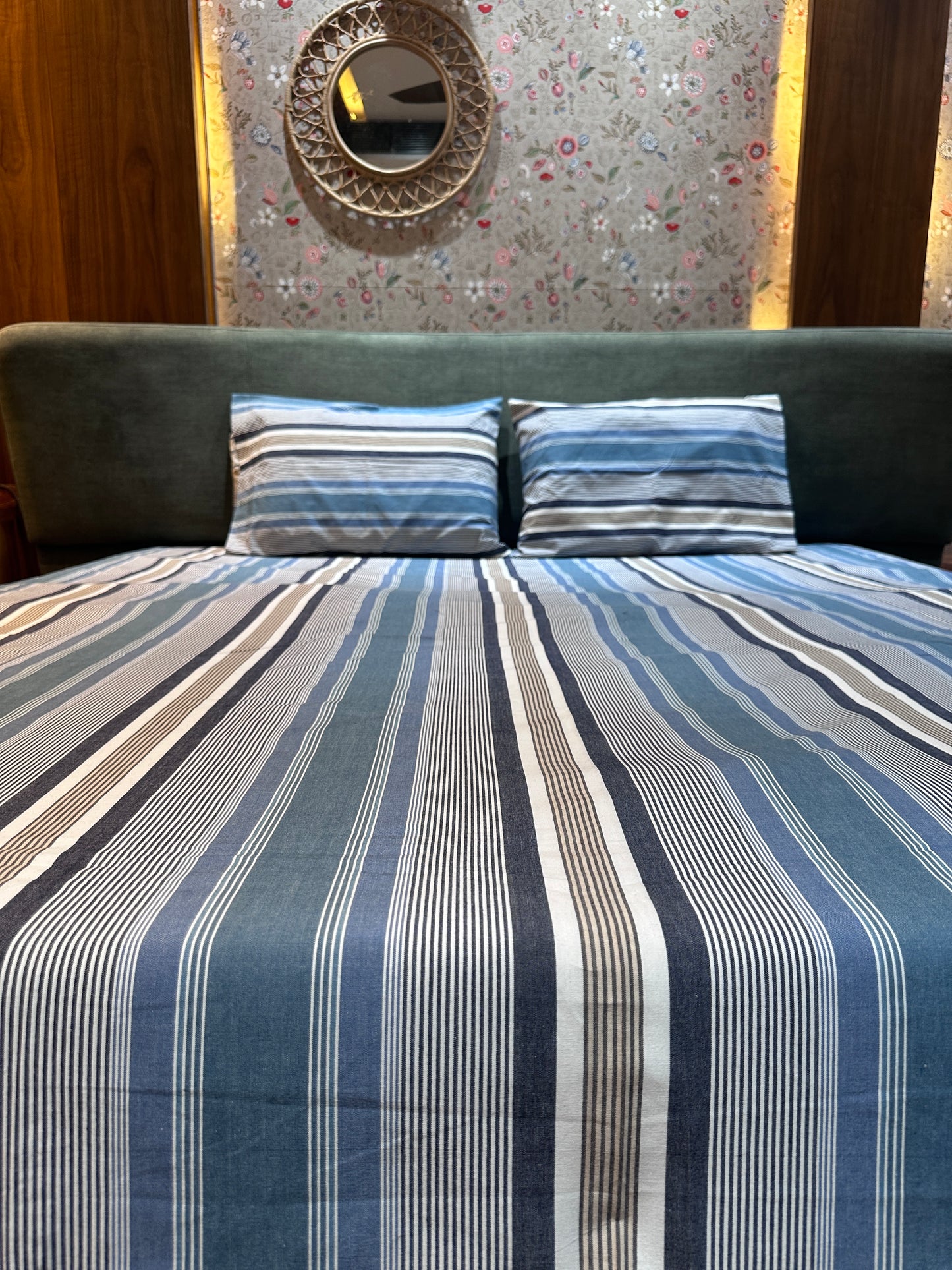 Blue Striped Bed Sheet with 2 Pillow Cover