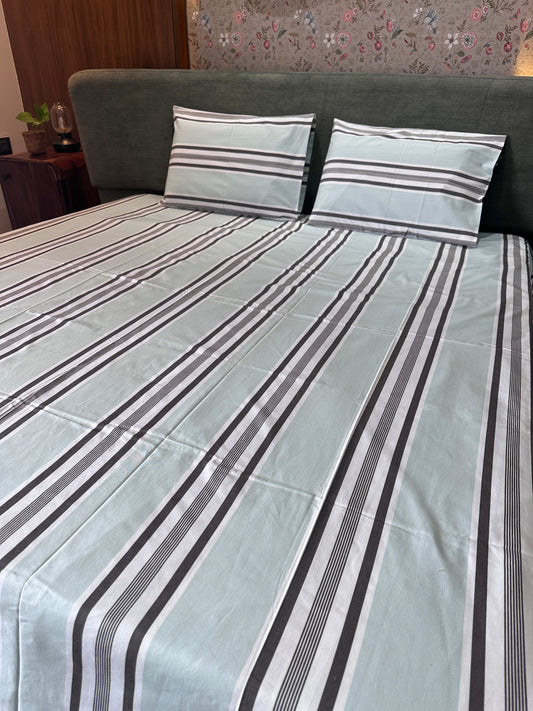 Light Green Striped Bed Sheet with 2 Pillow Cover