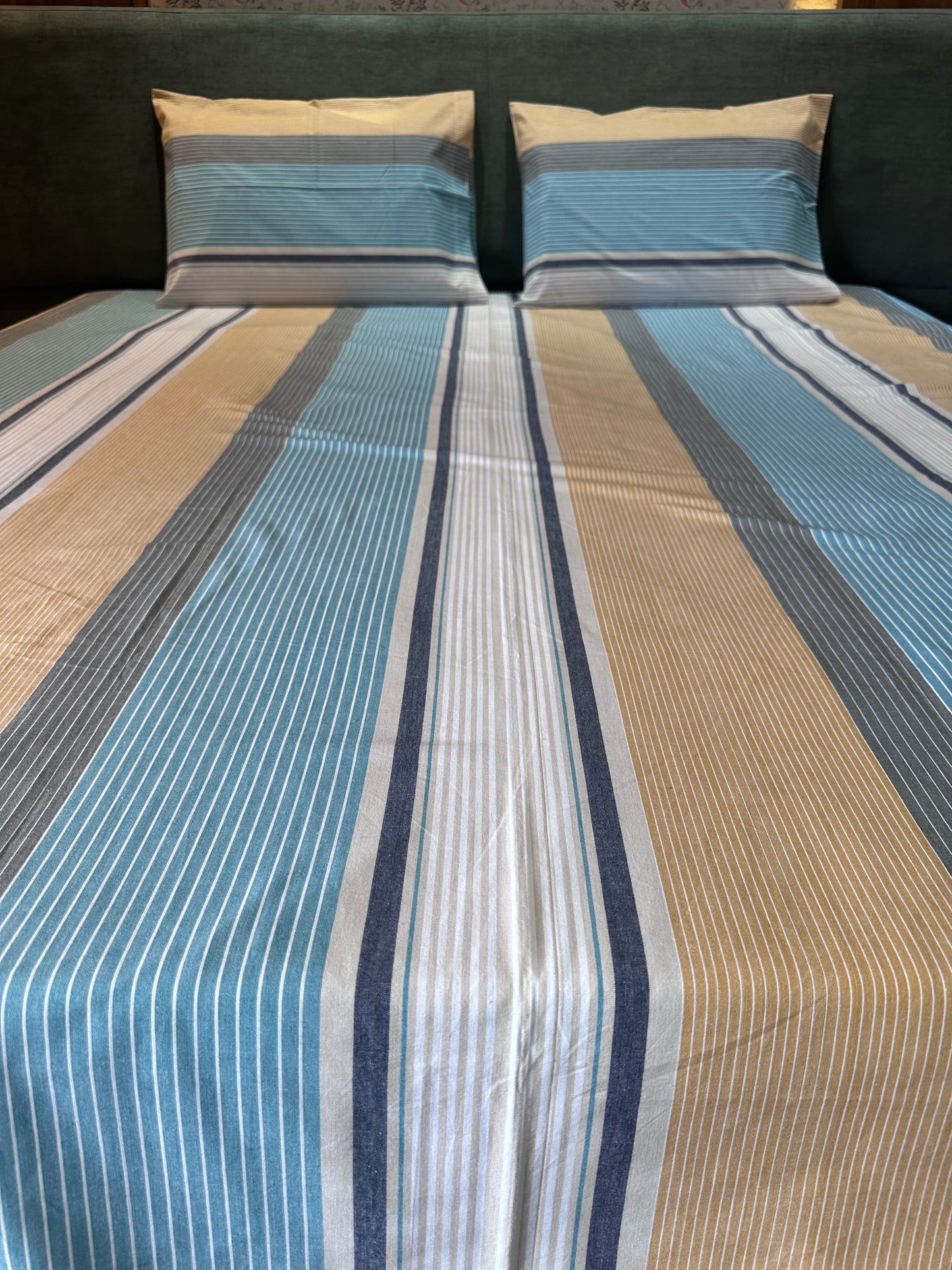 Blue and Mustard Striped Bed Sheet with 2 Pillow Cover