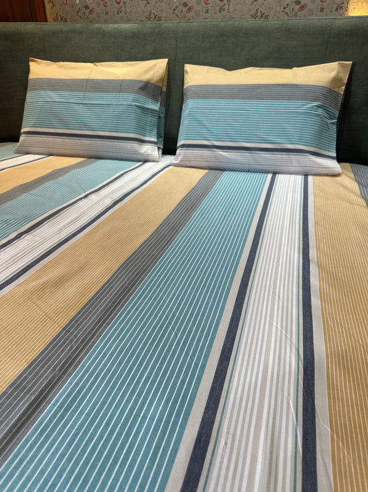 Blue and Mustard Striped Bed Sheet with 2 Pillow Cover